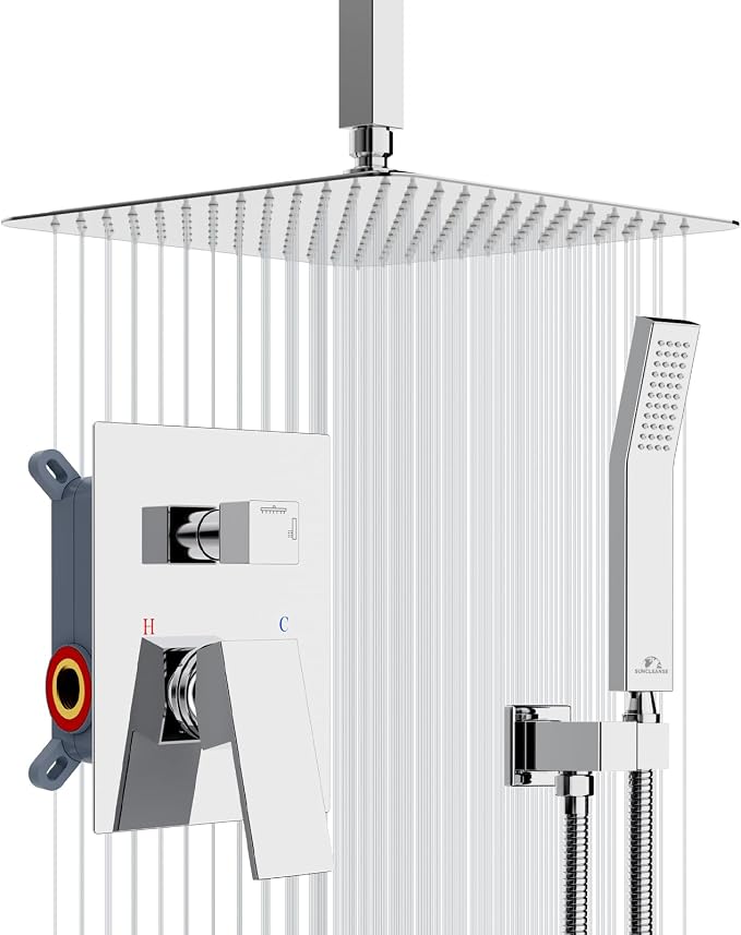SunCleanse Rainfall Shower Faucet Set with High Pressure in Polished Chrome | Ceiling mounted shower combo set featuring a 12" square rain head, handheld spray, and rough-in mixer valve with trim.