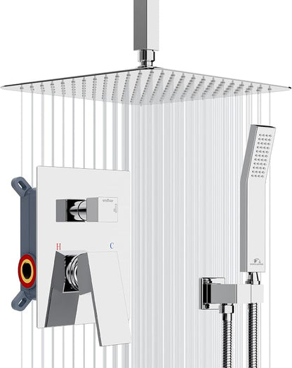 SunCleanse Rainfall Shower Faucet Set with High Pressure in Polished Chrome | Ceiling mounted shower combo set featuring a 12" square rain head, handheld spray, and rough-in mixer valve with trim.