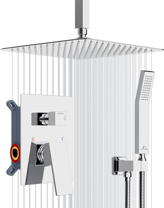 SunCleanse Rainfall Shower Faucet Set with High Pressure in Polished Chrome | Ceiling mounted shower combo set featuring a 12" square rain head, handheld spray, and rough-in mixer valve with trim.