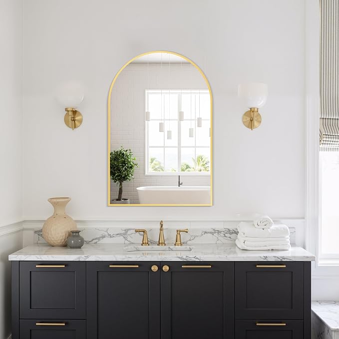 Arched Bathroom Mirror, Gold, 20"x30" | Wall Mounted, Vanity Mirror, For Bedroom, Living Room and Entryway