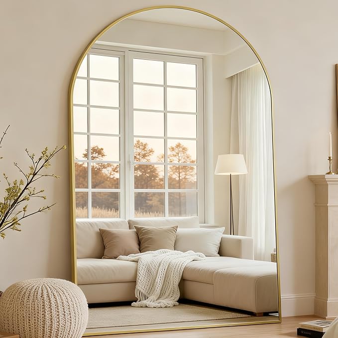 Dewfig Arched Full Length Mirror, 86"x46" Large Floor Mirror, Gold | Aluminum Alloy Frame Oversized Full Body Mirror, HD Shatterproof Tempered Glass, Lean/Stand/Wall for Living Room,Bedroom