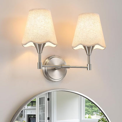 Brushed Nickel Bathroom Light Fixtures: Modern Bathroom Vanity Lights over Mirror with Flared Fabric Shade, Vanity Lighting Fixtures, 2 Light Wall Sconces Lighting for Bedroom Hallway Living Room