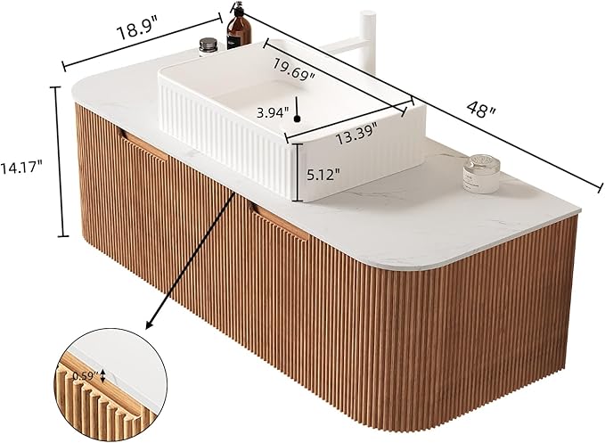 Yayzy 48" Floating Bathroom Vanity with Sink, Solid Wood Fluted Cabinet, White Fluted Square Ceramic Basin & Faux Marble Top, Soft-Close Drawer, Pre-Assembled, Natural Woodgrain