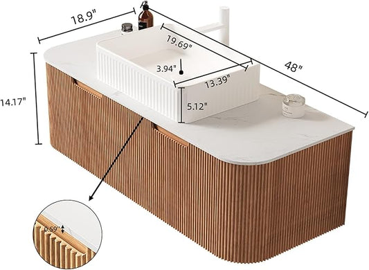 Yayzy 48" Floating Bathroom Vanity with Sink, Solid Wood Fluted Cabinet, White Fluted Square Ceramic Basin & Faux Marble Top, Soft-Close Drawer, Pre-Assembled, Natural Woodgrain