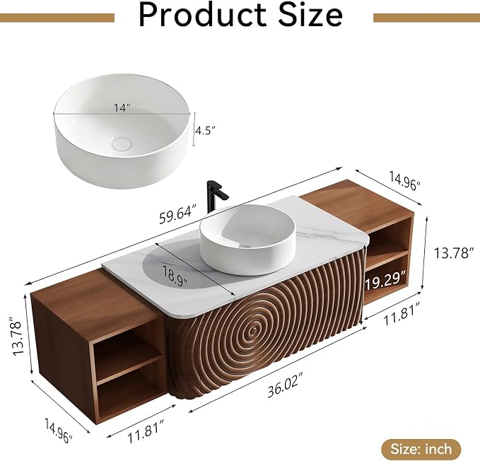 60" Floating Bathroom Vanity with Sink, Mid-Century Wall Mounted Bathroom Vanity Cabinet with Wood Waved Decor,Ceramic Vessel Basin and Sintered Stone Top, Soft Close Drawer, 2 Side Open Cube