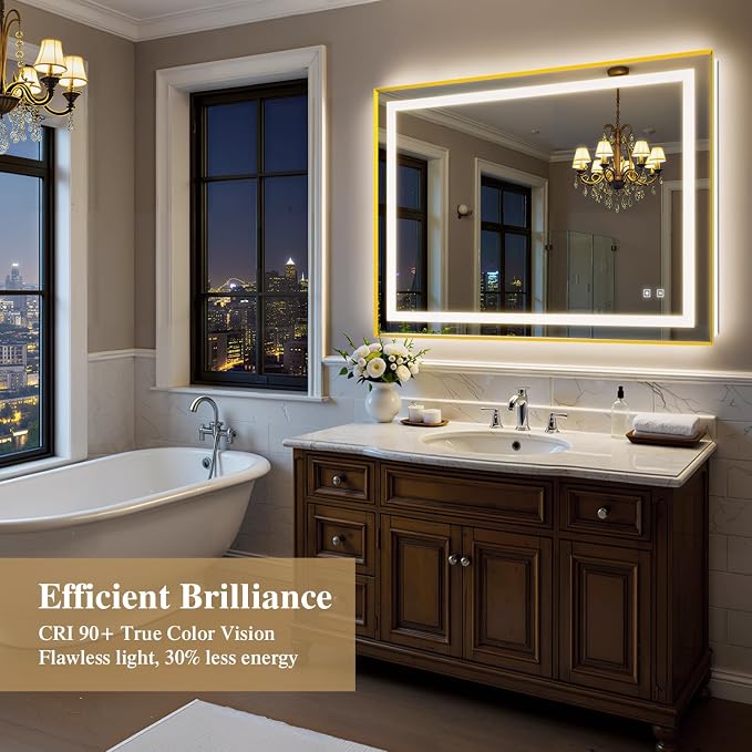 48X36 Inch LED Bathroom Mirror with Lights, Gold Frame Frontlit+ Backlit Bathroom Vanity Mirror for Wall, Ultra-Clear Tempered Glass, Shatter-Proof, Anti-Fog and Memory Function, ETL Listed