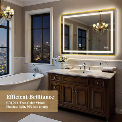 48X36 Inch LED Bathroom Mirror with Lights, Gold Frame Frontlit+ Backlit Bathroom Vanity Mirror for Wall, Ultra-Clear Tempered Glass, Shatter-Proof, Anti-Fog and Memory Function, ETL Listed