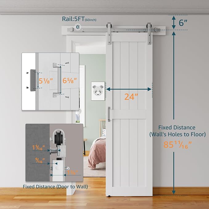 24''x84'' Sliding Barn Door with 5 Ft Brushed Nickel Hardware Kit | Pre-Drilled Holes Easy Assembly - Include Installation Manual, Water-Proof PVC Surface, H-Frame, White