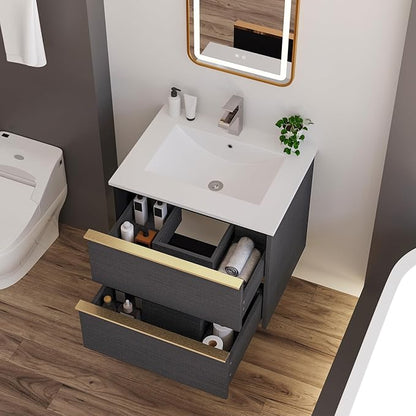 Floating Bathroom Vanity with Sink Wall Mounted Cabinet with 2 Soft-Close Drawers, Moisture-Resistant MDF,Large Storage for Small Space (Gray 24")