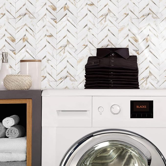 STICKGOO Herringbone Tile Peel and Stick Backsplash for Kitchen&Bathroom | 10-Sheet Self Adhesive Wall Tiles, Calacatta Marble Mixed Light Gold PVC Stick on Backsplash Tile for Kitchen,Bathroom