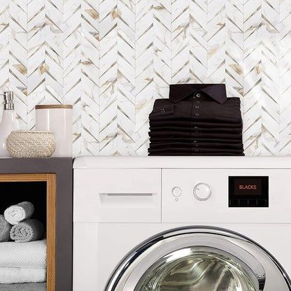 STICKGOO Herringbone Tile Peel and Stick Backsplash for Kitchen&Bathroom | 10-Sheet Self Adhesive Wall Tiles, Calacatta Marble Mixed Light Gold PVC Stick on Backsplash Tile for Kitchen,Bathroom