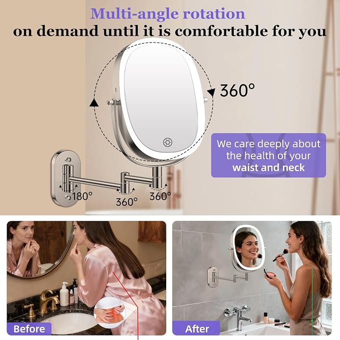 FUNTOUCH 5000mAh Rechargeable Wall Mounted Lighted Makeup Mirror,Nickel | Double Sided 30X/1X Magnifying Mirror Wall Mounted,Extended Arm 360°Rotation,Touch Dimmable,3 Color Lights for Bathroom