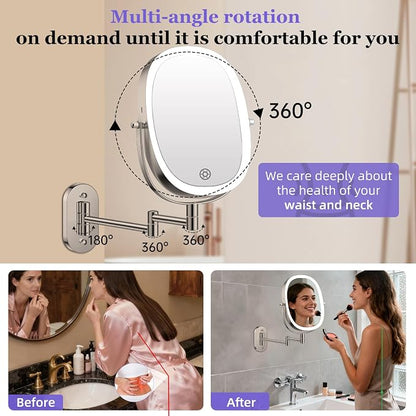 FUNTOUCH 5000mAh Rechargeable Wall Mounted Lighted Makeup Mirror,Nickel | Double Sided 30X/1X Magnifying Mirror Wall Mounted,Extended Arm 360°Rotation,Touch Dimmable,3 Color Lights for Bathroom