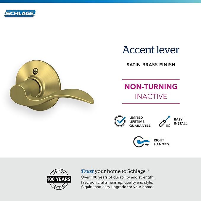 SCHLAGE Accent Lever Non-Turning Lock in Satin Brass - Right Handed - F170 ACC 608 RH