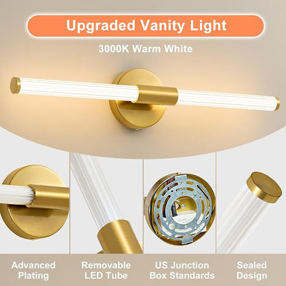 LED Bathroom Light Fixtures Gold Vanity Lights Modern 24" | 360° Bright Bathroom Light, Dimmable Vanity Light, Hardwired Wall Sconce 3000K Warm White for Mirror