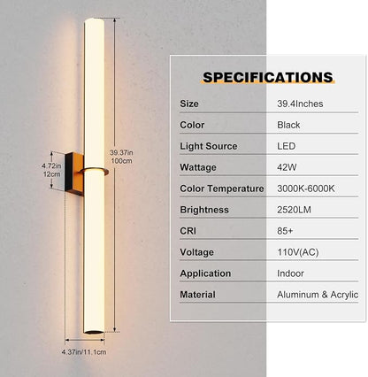39 Inch 42W Led Bathroom Vanity Light,3000K-6000K Dimmable Vanity Lighting Fixtures with White Acrylic Lampshade,Indoor Hardwired Wall Light Over Mirror for Mirror Restroom(Black,1 Pack)