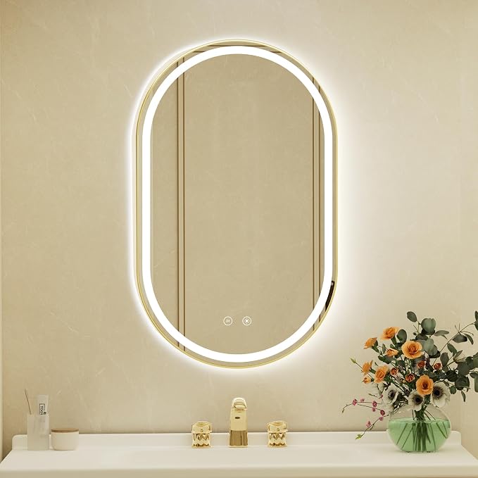 24x40 Inch Oval Gold Framed LED Bathroom Mirror with Lights, Wall-Mounted Mirror with Anti-Fog, 3 Color Temperature, Dimmable Brightness, Waterproof, Tempered Glass, Frontlit & Backlit