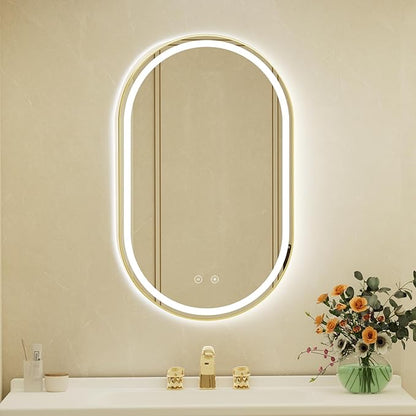 22x36 Inch Oval Gold Framed LED Bathroom Mirror with Lights,Wall-Mounted Mirror with Anti-Fog, 3 Color Temperature, Dimmable Brightness, Waterproof, Tempered Glass, Frontlit & Backlit