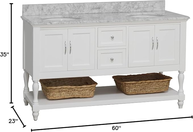 Beverly 60-inch Double Bathroom Vanity (White/Carrara): Includes White Cabinet with Authentic Italian Carrara Marble Countertop and White Ceramic Sinks