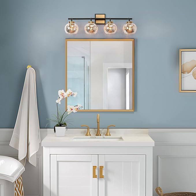 KSANA Black Gold Vanity Light, Modern 4-Light Bathroom Light Fixture with Mercury Glass Shade, Electroplating Brass 29.5”L Globe Vanity Lighting Over Mirror