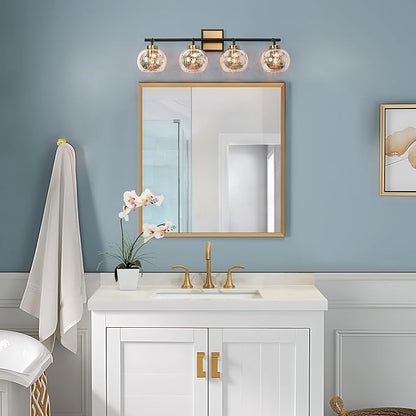 KSANA Black Gold Vanity Light, Modern 4-Light Bathroom Light Fixture with Mercury Glass Shade, Electroplating Brass 29.5”L Globe Vanity Lighting Over Mirror