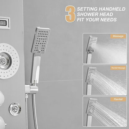 6 in 1 Shower Panel Tower System, Rainfall Shower Tower Systems w/LED and Digital Display Stainless Steel Shower Panels with Waterfall Tub Spout Massage Jets Handheld Head Nickel and Chrome