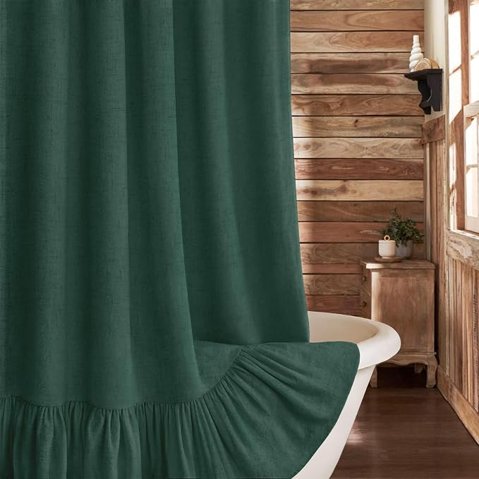 Farmhouse Shower Curtain Ruffle Linen Flax Dark Green 72" W x 72" L | Linen Fabric, Farmhouse Boho, Bottom Ruffle, Rustic, Country, Natural Look, Washable, Shower Curtain for Bathroom Bathtub