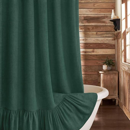 Farmhouse Shower Curtain Ruffle Linen Flax Dark Green 72" W x 72" L | Linen Fabric, Farmhouse Boho, Bottom Ruffle, Rustic, Country, Natural Look, Washable, Shower Curtain for Bathroom Bathtub