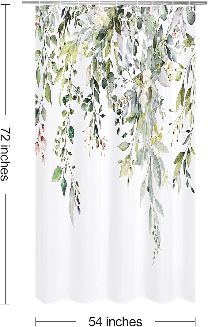 Sage Green Eucalyptus Shower Curtain, Floral Print, 54x72 | Watercolor Plant Leaves Floral Print, Stall Waterproof Fabric Bathroom Decor, Machine Washable, Rustproof Grommets