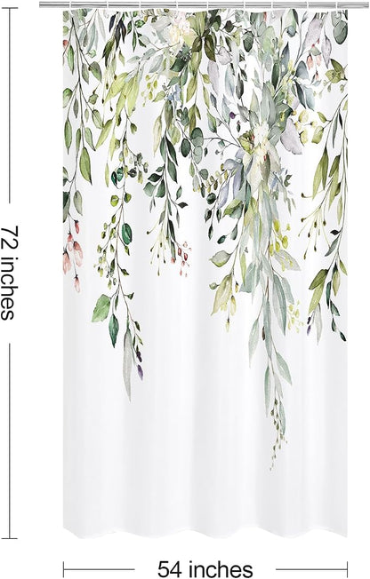Sage Green Eucalyptus Shower Curtain, Floral Print, 54x72 | Watercolor Plant Leaves Floral Print, Stall Waterproof Fabric Bathroom Decor, Machine Washable, Rustproof Grommets