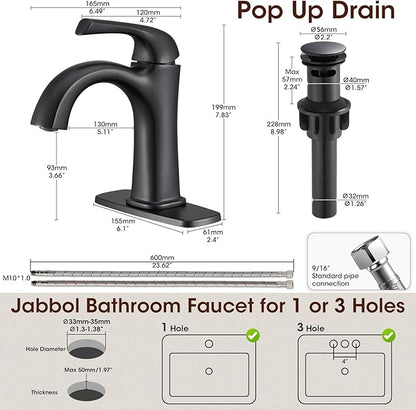 Matte Black Single Hole Bathroom Faucet, Single Handle Brass Bathroom Sink Faucet, Lavatory Vanity Faucet for 1 or 3 Holes, Bathroom Faucets with Pop Up Drain and Supply Lines, Deck Plate