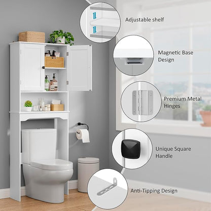 RRX Over The Toilet Storage Cabinet, Bathroom Above Organizer (Pure White) | Free Standing Toilet Rack with Adjustable Shelf and Open Storage, Double Doors, Space Saver, 24.8" L x 9.1 "W x 65.7 "H