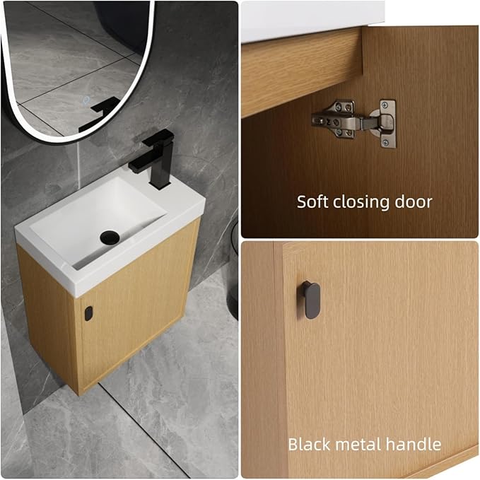 18.5" Bathroom Vanity with Resin Sink, Modern Wall-Mounted Floating Bathroom Vanity with Soft Closed Single Door for Home, Undermount Storage Cabinet, Easy to Clean, Natural Wood