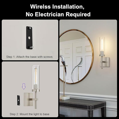 Brushed Nickel Battery Operated Wall Sconces with Remote Control, Wireless Wall Sconce Set of 2, Rechargeable Cordless Wall Lights for Living Room Bathroom Hallway Entryway Stairwell, 3000K