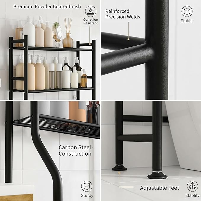 3-Tier Over Toilet Storage with Anti-Tilt Safety System - 150lb Total Capacity Metal Bathroom Shelves Including Paper Holder & 4 Hooks, Space Saving Above Commode Organizer (64" H, Black)