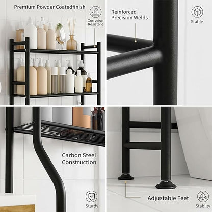 3-Tier Over Toilet Storage with Anti-Tilt Safety System - 150lb Total Capacity Metal Bathroom Shelves Including Paper Holder & 4 Hooks, Space Saving Above Commode Organizer (64" H, Black)