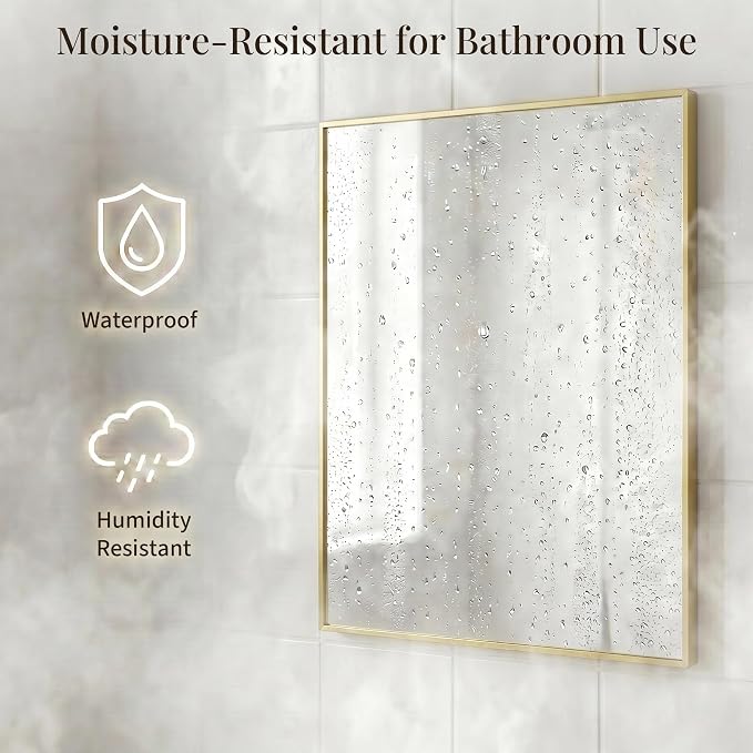 24x36 Satin Gold Framed Rectangle Bathroom Vanity Wall Mirror | Over-Sink Vanity Mirror, Slim Metal Frame, Entryway or Dresser Use, Vertical/Horizontal Mount, Tempered Glass