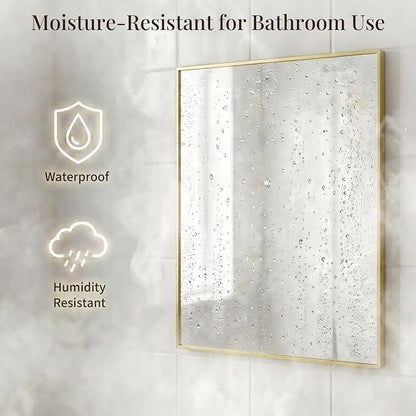 24x36 Satin Gold Framed Rectangle Bathroom Vanity Wall Mirror | Over-Sink Vanity Mirror, Slim Metal Frame, Entryway or Dresser Use, Vertical/Horizontal Mount, Tempered Glass