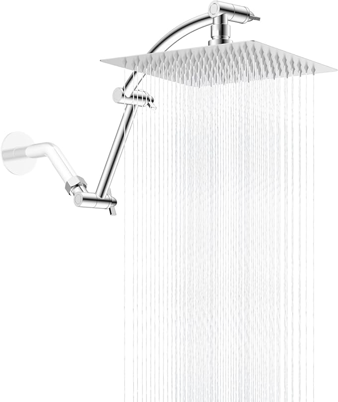 Hibbent All Metal 8'' Rain Shower Head with 16'' Extension Arm, Chrome | cUPC Certified High Pressure Rainfall Showerhead with Solid Brass Adjustable Shower Head Extension Arm, Fixed Showerheads