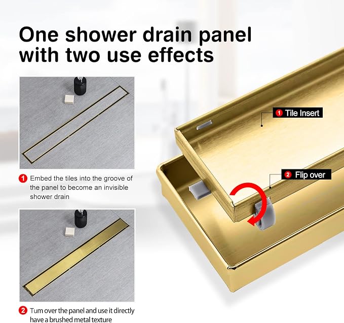 SaniteModar Linear Shower Drain 40 inch Brushed Gold with Tile Insert Panel | AISI 304 Stainless Steel Brushed Gold Linear Dain Rectangle Shower Floor Drain with Hair Strainer and Leveling Feet