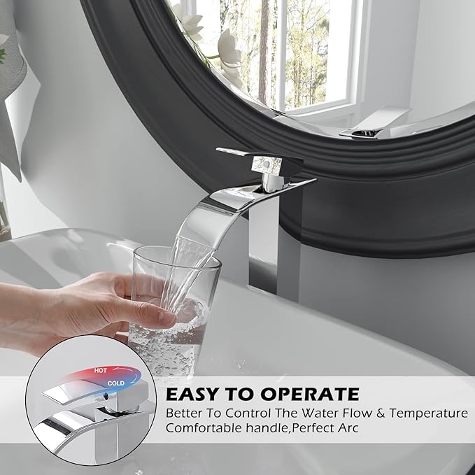 BWE Vessel Sink Faucet Chrome Waterfall Bathroom Faucet for Sink 1 Hole Single Handle Tall Vanity Faucet Lavatory Deck Mount Mixer Tap with Pop-up Drain