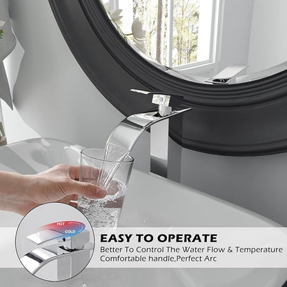 BWE Vessel Sink Faucet Chrome Waterfall Bathroom Faucet for Sink 1 Hole Single Handle Tall Vanity Faucet Lavatory Deck Mount Mixer Tap with Pop-up Drain