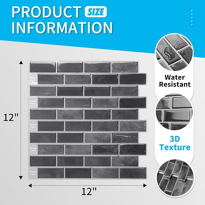 Art3d 10-Pack Marble Peel and Stick Backsplash, 12 x 12 in, Smoky Black | Strong Adhesion, Lightweight, Cuttable, Waterproof, Fadeless, Crack Resistant, for Kitchen, Bedroom, Ideal for Recently Moved