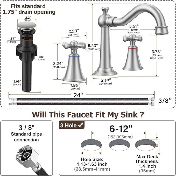 Hurran 8 Inch Widespread Bathroom Sink Faucet Brushed Nickel, 3 Hole 2 Cross Handles Classic Vintage Antique Faucet with Metal Pop Up Drain and Supply Hoses for Vanity, RV, Farmhouse