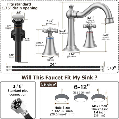 Hurran 8 Inch Widespread Bathroom Sink Faucet Brushed Nickel, 3 Hole 2 Cross Handles Classic Vintage Antique Faucet with Metal Pop Up Drain and Supply Hoses for Vanity, RV, Farmhouse