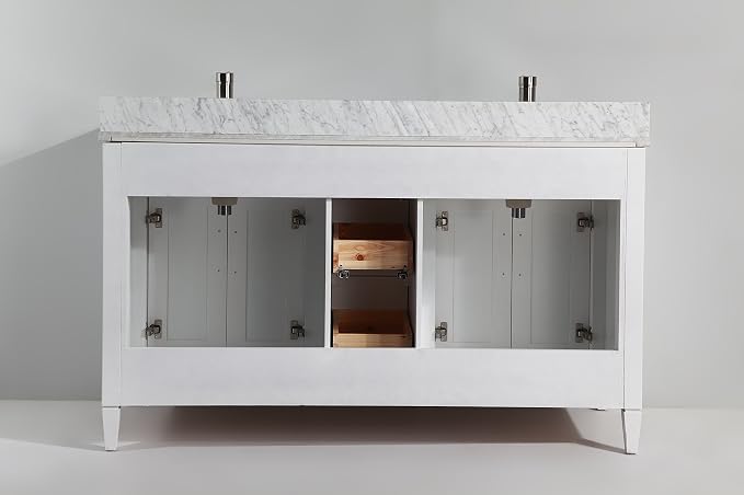 Vanity Art 60 Inch Double Sink Bathroom Vanity with Mirror | Carrara Marble Stone Top Storage Bathroom Organizer Cabinet with Dovetailed Drawer, Soft Closing Doors, Brushed Nickel Handles, VA2060-DW