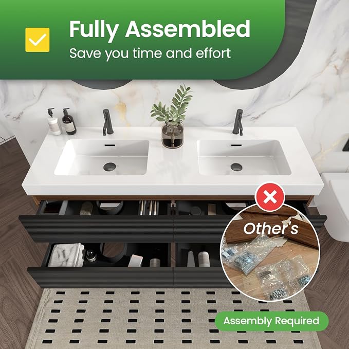 60" Pre-Assembled Floating Vanity with Double White Sink, Walnut | Modern Floating Double Sink Bathroom Vanity with Integrated Engineered Stone Top & Soft-Closing Drawers, Two-tone Cabinet