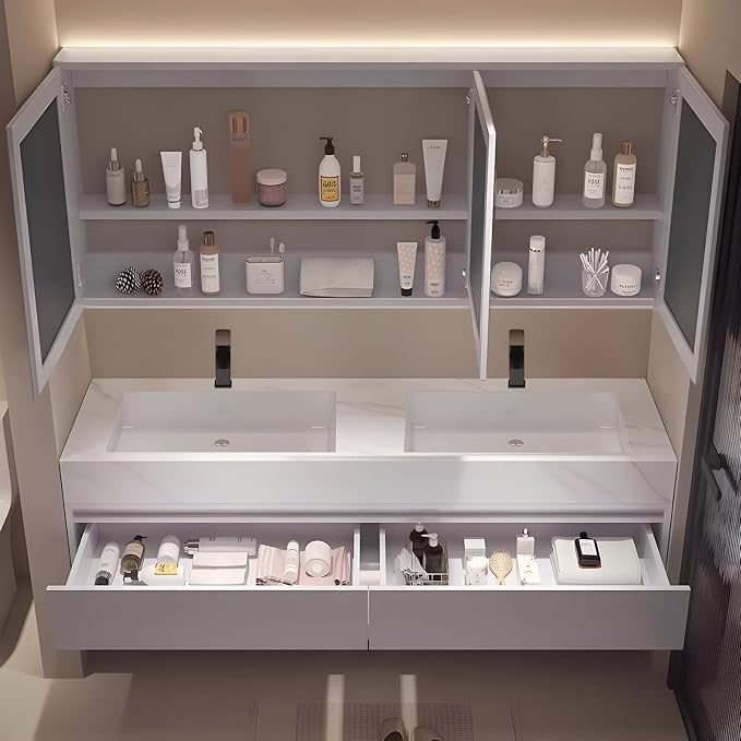 60" Bathroom Vanity with Sink, Double Sink Bathroom Vanity with Smart LED Defog Mirror Cabinet, Ceramic Sink, Display Time, Soft Closing, Fully Pre-Assembled, Ample Storage, Wall Mounted
