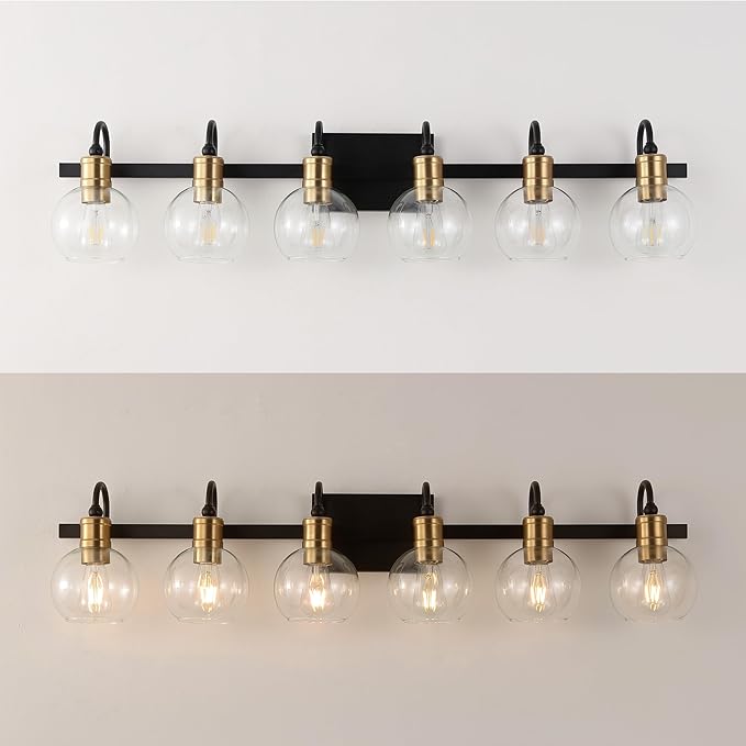 JONATHAN Y 44.25" Black/Brass Gold Vintage Wall Sconce, LED Vanity Light for Bathroom Bedroom Entryway, Clear Glass Globe Shade, Modern Industrial Arched Lamp, LED Bulb Included (JYL3557A)
