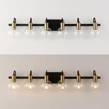 JONATHAN Y 44.25" Black/Brass Gold Vintage Wall Sconce, LED Vanity Light for Bathroom Bedroom Entryway, Clear Glass Globe Shade, Modern Industrial Arched Lamp, LED Bulb Included (JYL3557A)